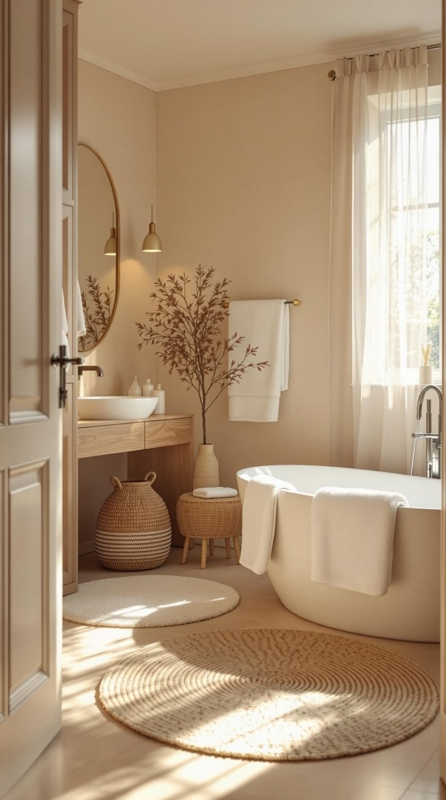 Freestanding Tub, Round Woven Rug, Neutral Spa Bathroom Design