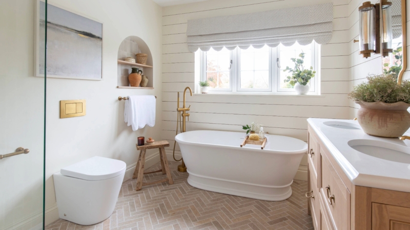 Freestanding Tub, Shiplap Walls, Herringbone Floor, Farmhouse Style