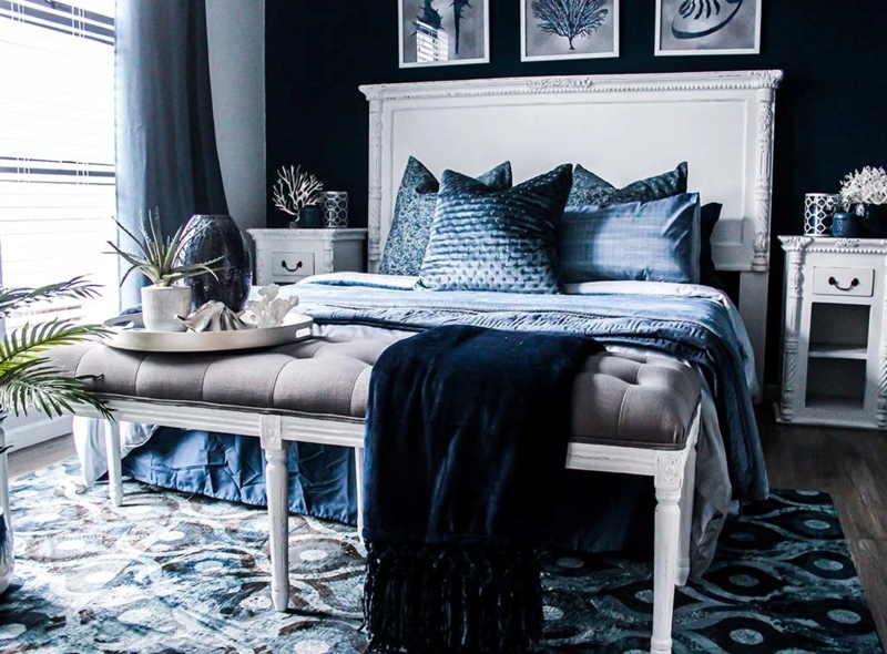 French Country Bed with Ornate White Headboard and Tufted Bench