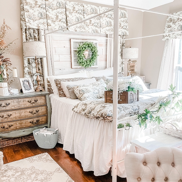 French Country Canopy Bed Styling with Toile Bedding and Shiplap Wall