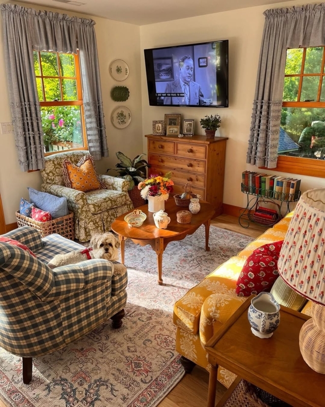 French Country Decor with Ruffled Curtains and Mixed Patterns
