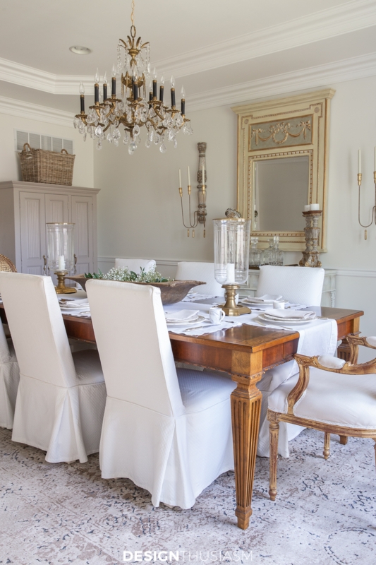 French Country Dining Room with Slipcovered Chairs & Fluted Table