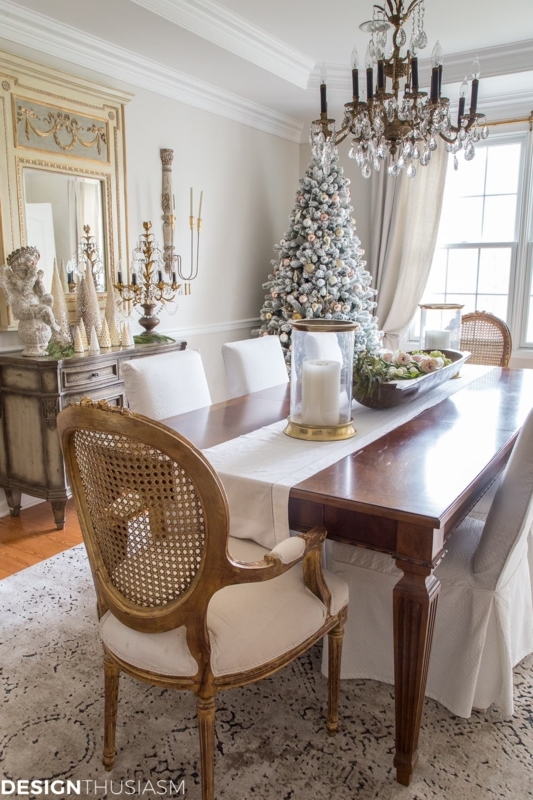 French Country Holiday Dining Room with Flocked Tree & Cane Chairs