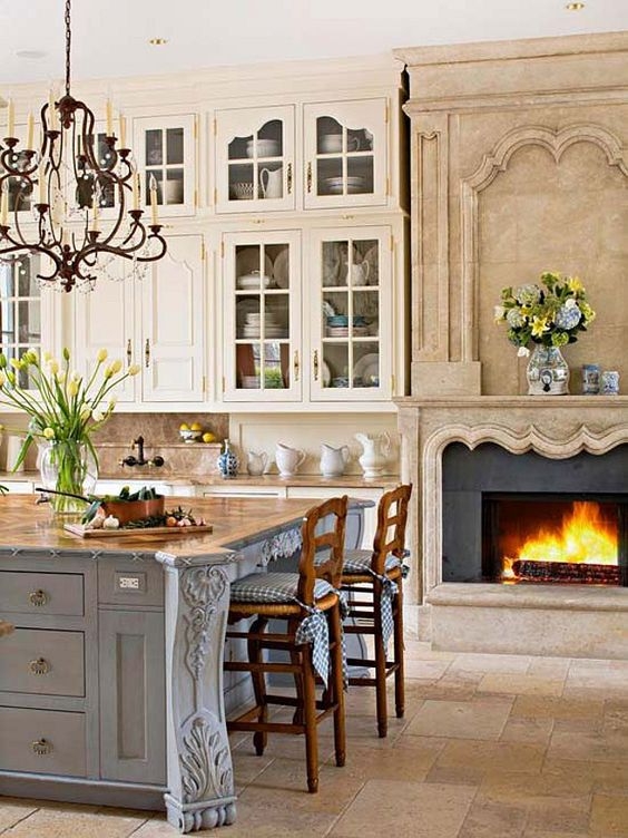 French Country Kitchen Fireplace, Carved Grey Island, Scalloped Mantel