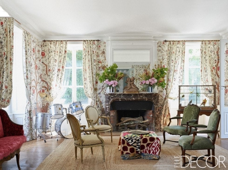 French Country Living Room Decor with Floral Botanical Drapes