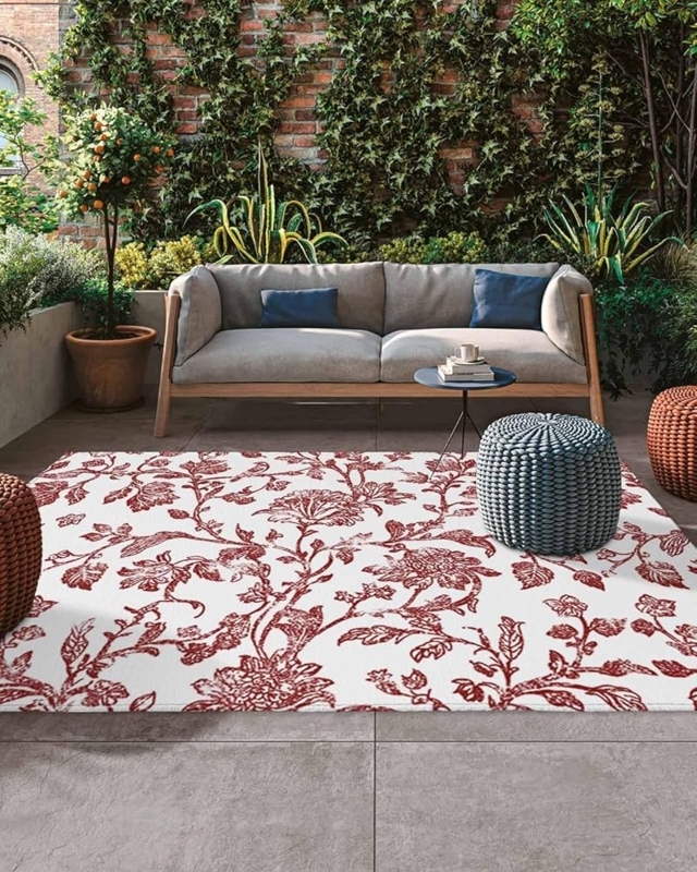French Country Outdoor Rug Terracotta Floral Medallion Pattern