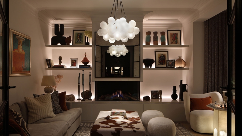 Frosted Glass Bubble Chandelier with Backlit Shelving