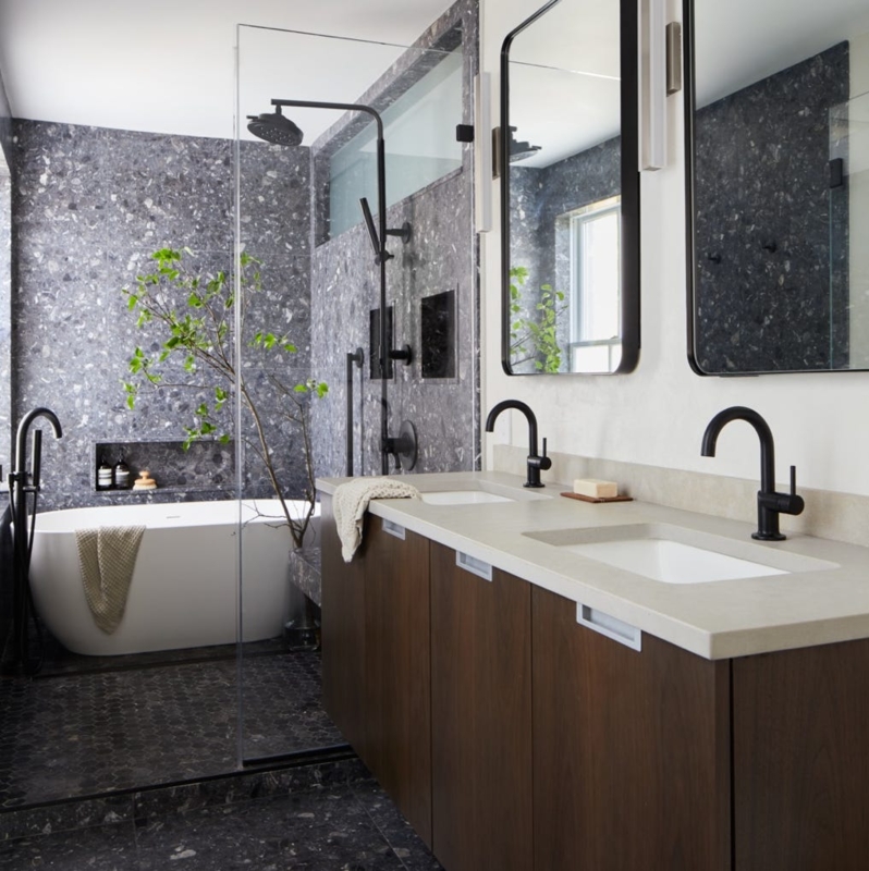 Full Bathroom Scene with Terrazzo Wall Cladding and Matte Black Faucets