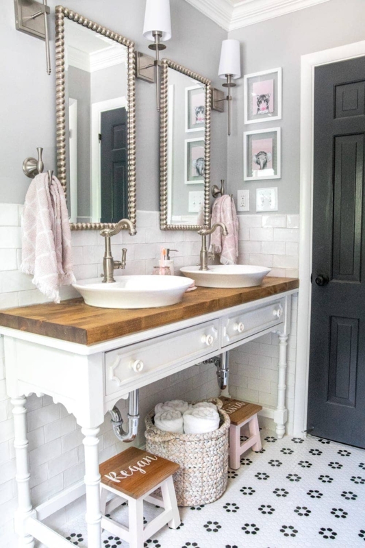 Furniture Style Double Vanity with thick wood countertop and vessel sinks.