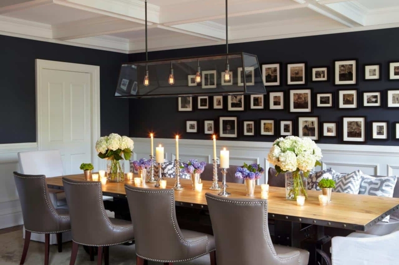 Gallery Wall Dining Room Decor above White Wainscoting Paneling