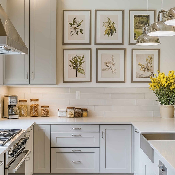 Gallery Wall of Botanical Prints above Elongated Subway Tile Backsplash