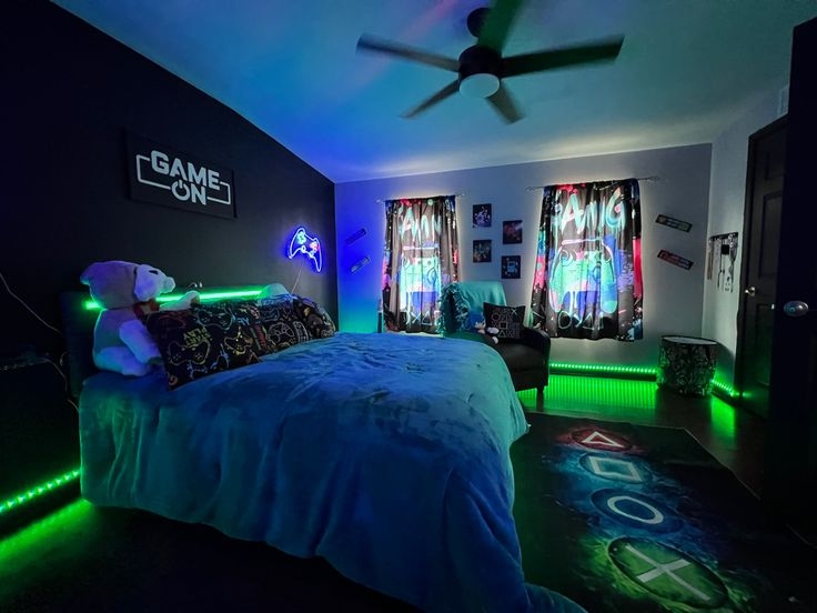 Gamer Themed Bedroom with Neon Green LED Perimeter Lighting