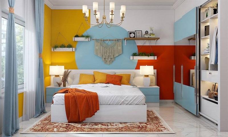 Geometric Accent Wall Mural with Macrame Art in Modern Boho Bedroom