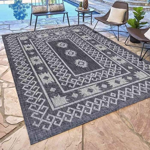 Geometric Charcoal Outdoor Rug High Contrast Tribal Motifs Modern Boho