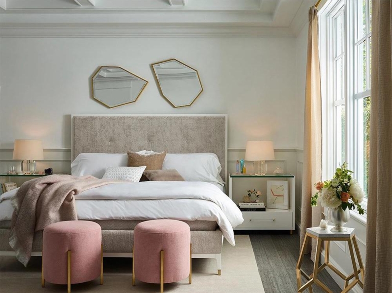 Geometric Gold Mirrors Above Bed with Asymmetrical Shapes