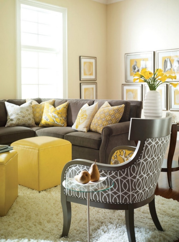 Geometric Patterned Accent Chair with Yellow Cube Ottomans
