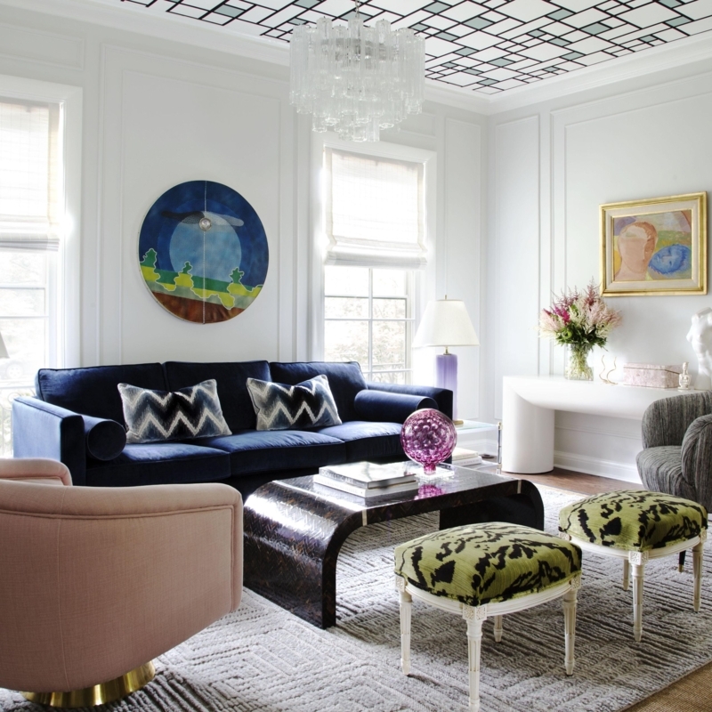 Geometric Patterned Living Room Ceiling Navy Velvet Sofa