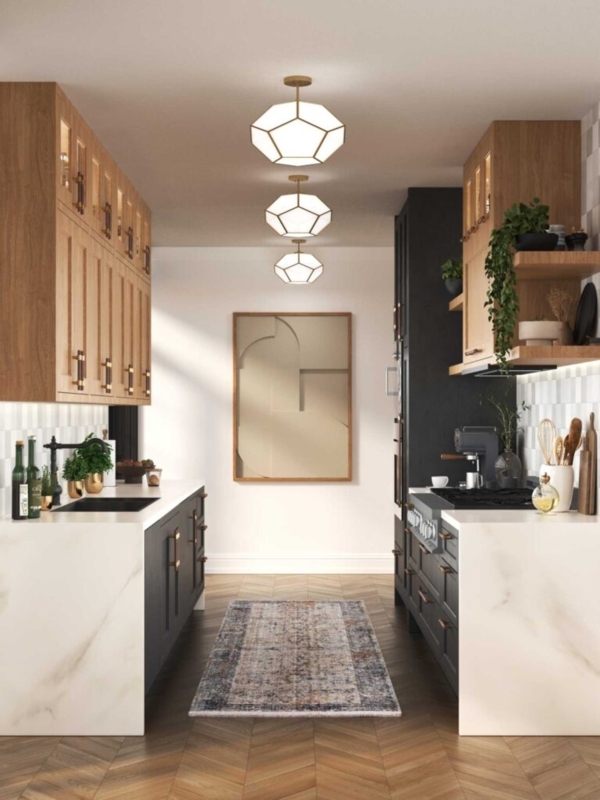 Geometric Pendant Lighting for Kitchen with Waterfall Countertop