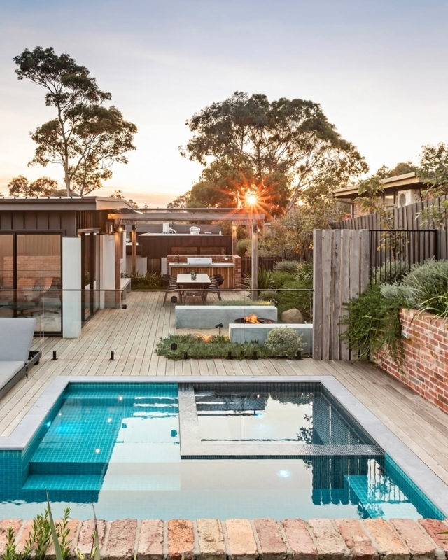 Geometric Pool with Integrated Spa and Multi-Level Deck