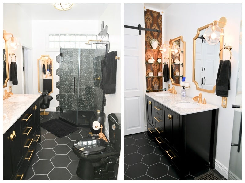 Geometric Shower Tile Ideas featuring Dark Toilet and Starburst Patterns