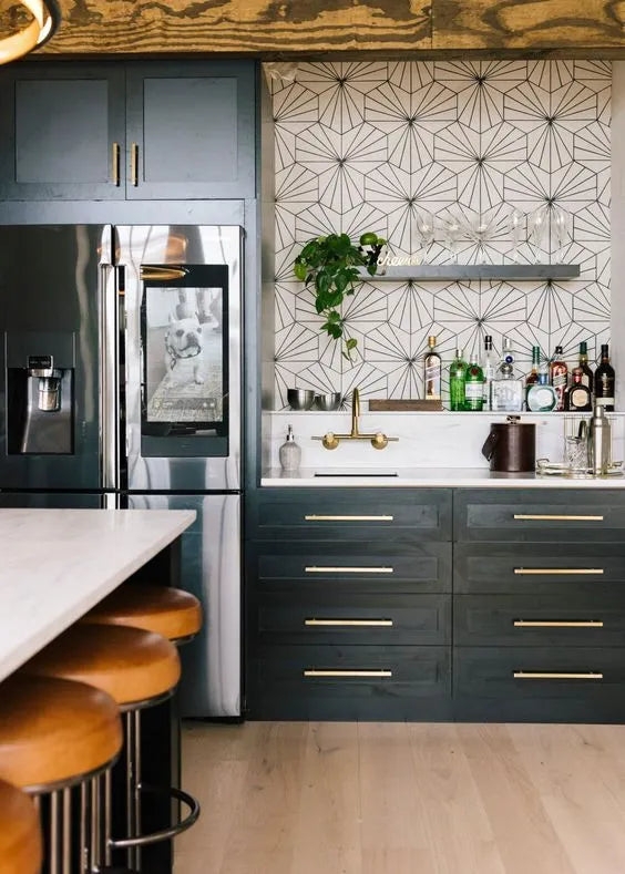 Geometric Sunburst Kitchen Accent Wall with Navy Cabinets