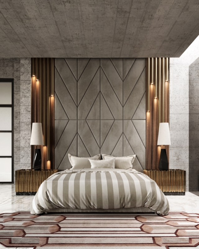 Geometric Wall Panel Bed with Fluted Gold Nightstands
