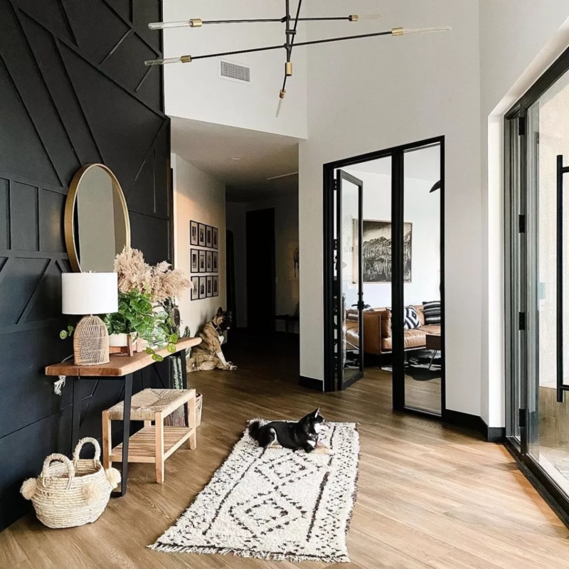 Geometric Wall Paneling in Entryway with Console Table