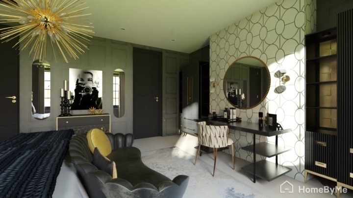Geometric Wallpaper Feature Wall Ideas with Starburst Chandelier