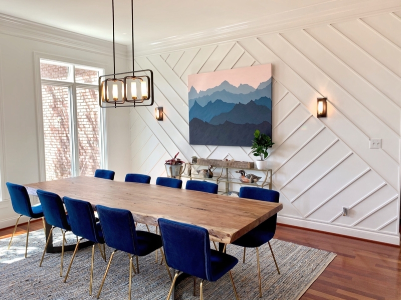 Geometric White Accent Wall Ideas with Live Edge Wood Dining Table