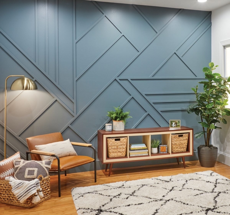Geometric Wood Accent Wall in Slate Blue with Mid-Century Styling