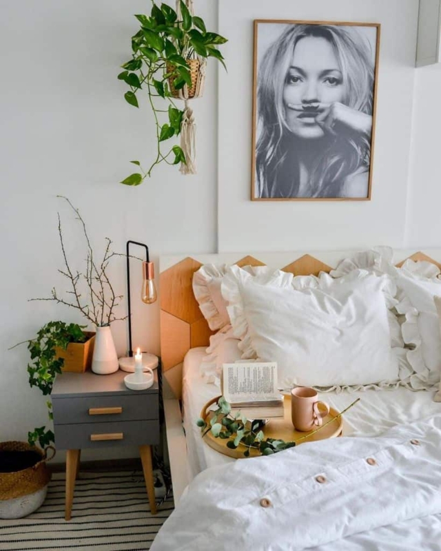 Geometric Wood Headboard Bed, Ruffled White Bedding, Gray Nightstand