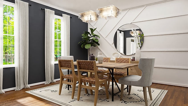 Geometric Wood Slat Wall Decor on Charcoal Grey Dining Room Walls