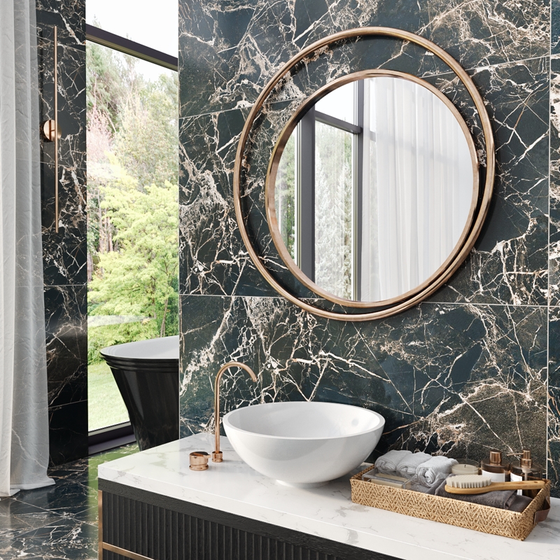 Glam Bathroom Design: Emerald Stone Walls & Gold Vessel Sink Vanity