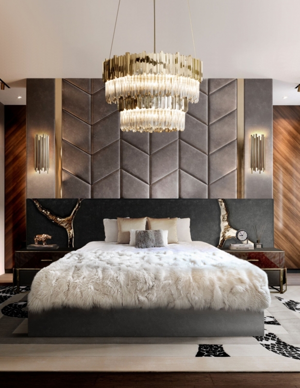 Glam Bedroom with Chevron Upholstered Wall and Tiered Chandelier