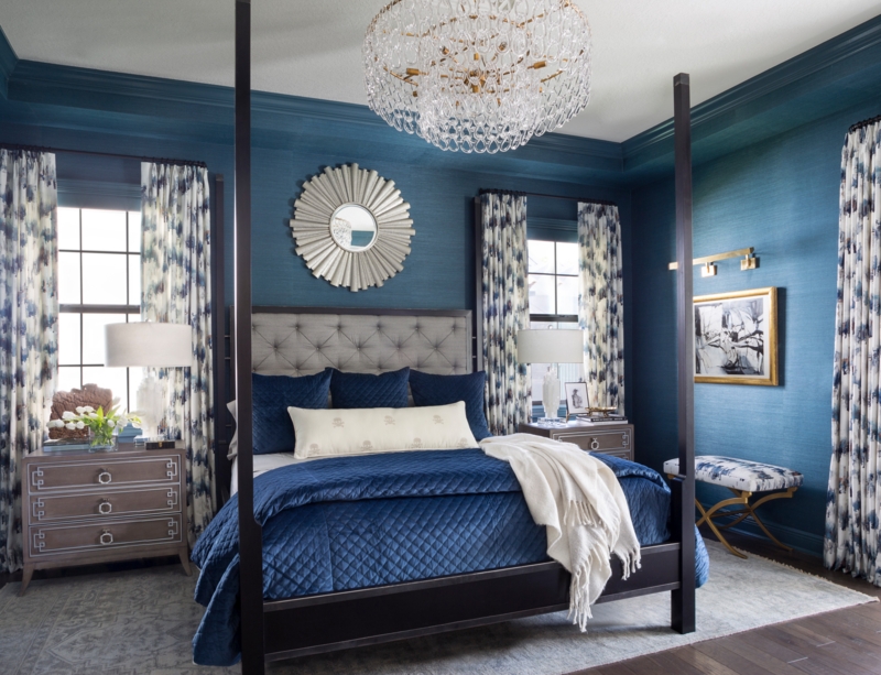 Glam Canopy Bed with Teal Grasscloth Texture Walls and Sunburst Mirror