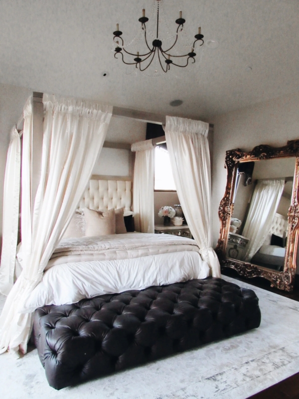 Glam Canopy Bed with White Drapes and Oversized Tufted Bench Decor