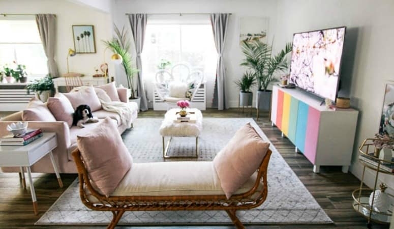 Glam Coastal Living Room Ideas: Rainbow Media Console Focus