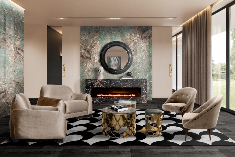 Glam Living Room Design featuring a Bold Scalloped Pattern Area Rug