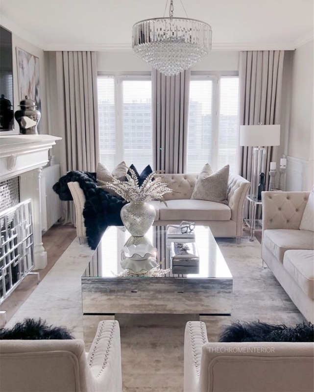 Glam Living Room Mirrored Furniture: Tiered Crystal Chandelier