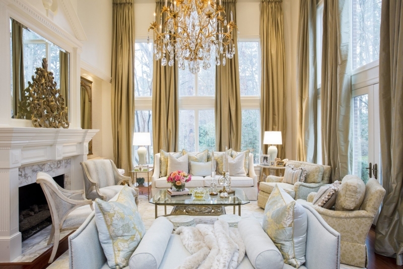 Glam Living Room with High Ceilings: Tall Window Curtain Design