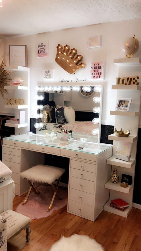 Glam Makeup Vanity with Glass View Drawers and Hollywood Lighted Mirror