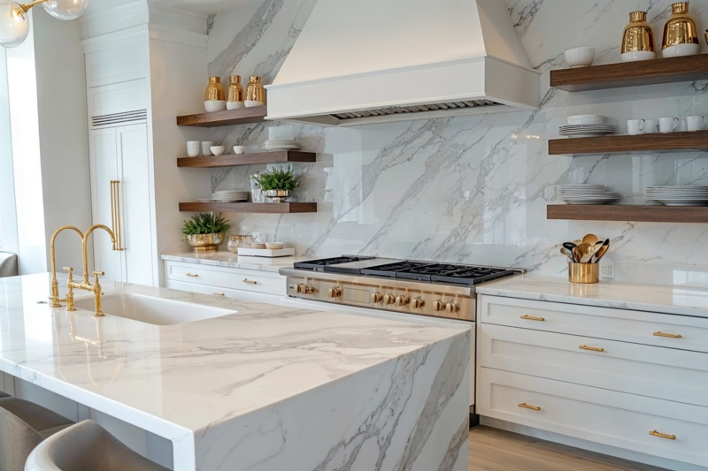 Glam Open Shelving Kitchen with a Marble Waterfall Island