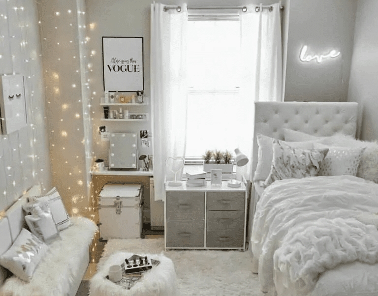 Glam Small Bedroom: String Light Wall, Vanity Station.
