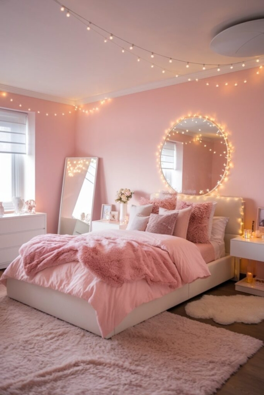 Glam Teen Room Aesthetic with Backlit Mirror & Plush Shag Rug