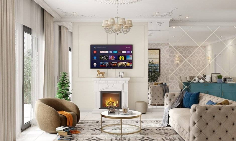 Glam Transitional Living Room With Mirrored Accent Wall