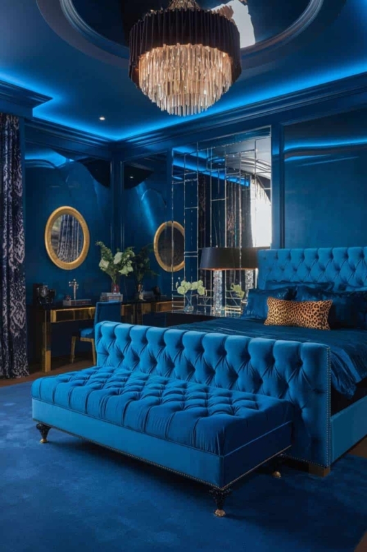 Glam Tufted Bed with Mirrored Wall Panels and Blue Cove Lighting