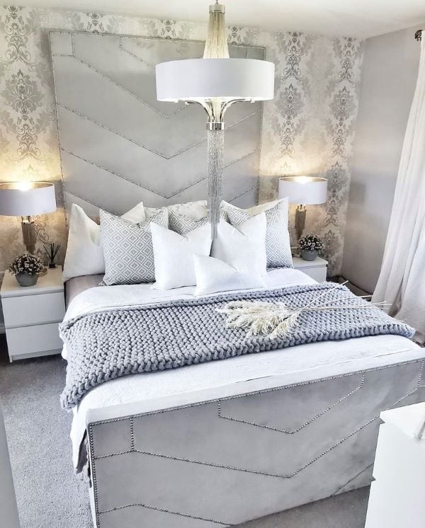 Glam Upholstered Bed: Chevron Stitched Headboard with Chunky Knit Throw