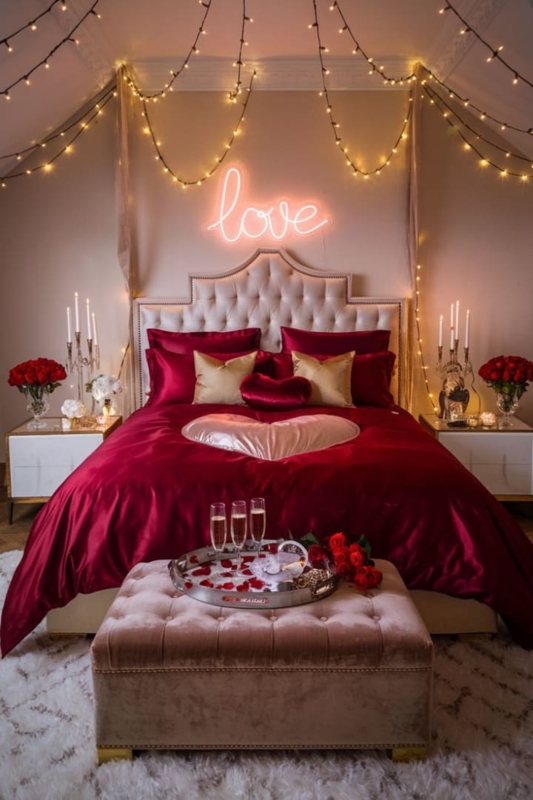 Glam Upholstered Bed with Red Satin Bedding and Love Neon Sign