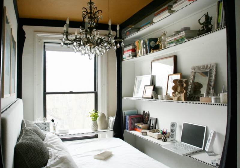 Glamorous Compact Bedroom With Gold Ceiling And Crystal Chandelier