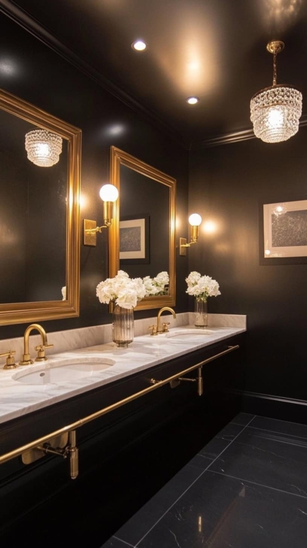 Glamorous Double Sink Vanity with Crystal Lighting and Matte Dark Walls